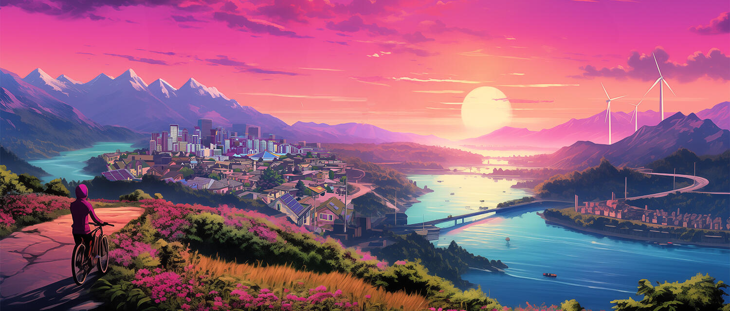 Electra Helps Make Solar Circular A biker overlooking a sunset in a town that supports clean energy.